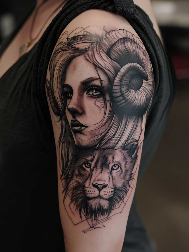A shouler tattoo idea. The tattoo shows a girl with a ram horns and her mouth is like a lion's mouth