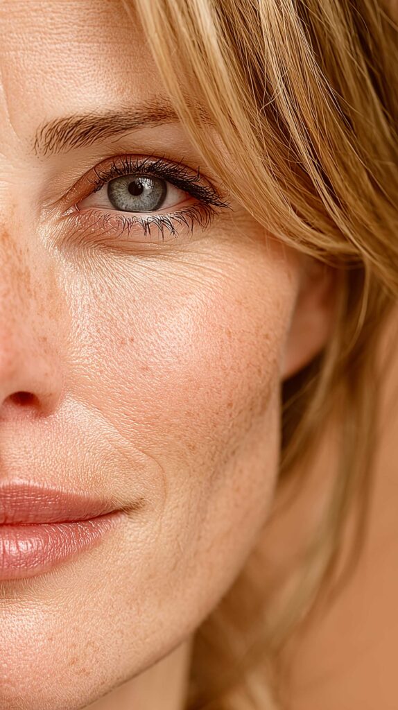 Un retrato de una mujer de 35 a 40 años con piel brillante y saludable.