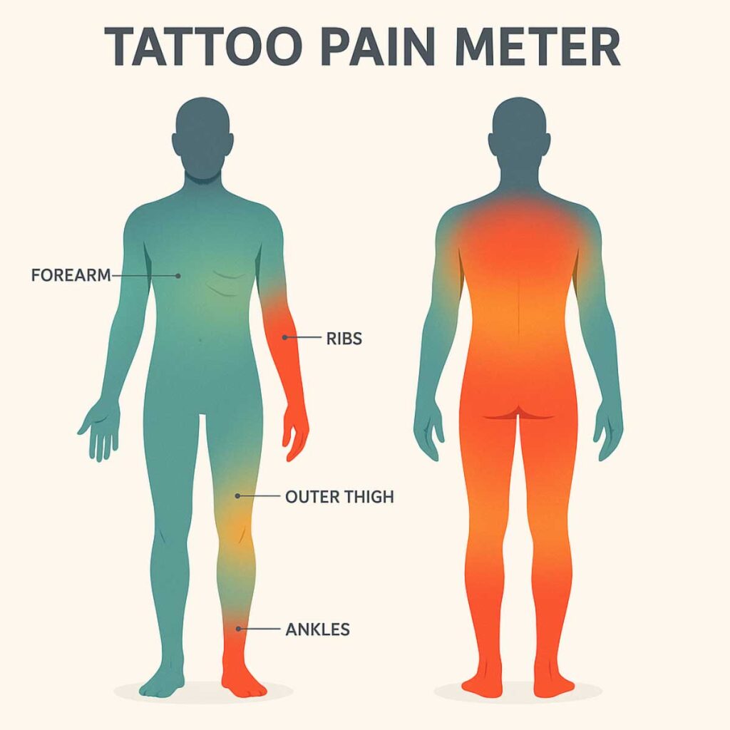 Infografía de una silueta humana neutral en género, vista delantera y trasera de lado a lado, cada zona de cuerpo sombreada con un gradiente suave de verde azulado en áreas de bajo color