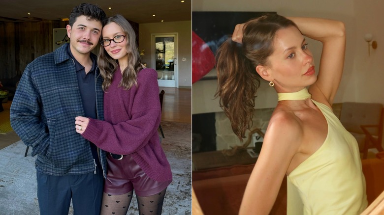 Imagen dividida de Natasha Bure con su marido y con vestido amarillo