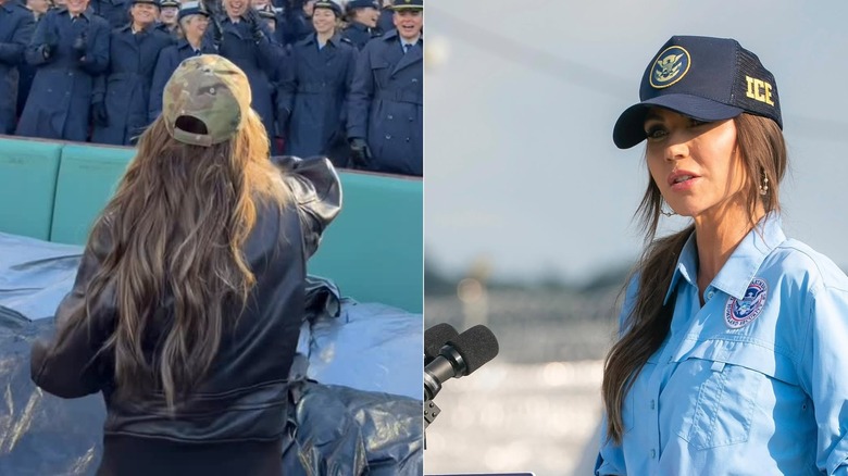 Kristi Noem en eventos políticos mostrando las vistas trasera y lateral de sus extensiones de cabello mal colocadas