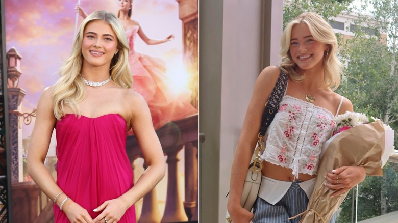 Rylee Arnold sonríe en la alfombra roja del estreno de una película mientras luce un vestido rosa palabra de honor