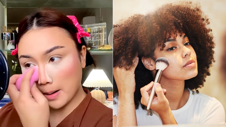 Al lado de una mujer horneando su maquillaje y una mujer empolvándose con una brocha