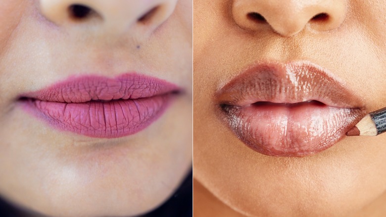 Un lado a lado de labios sin delineador de labios y labios con delineador de labios