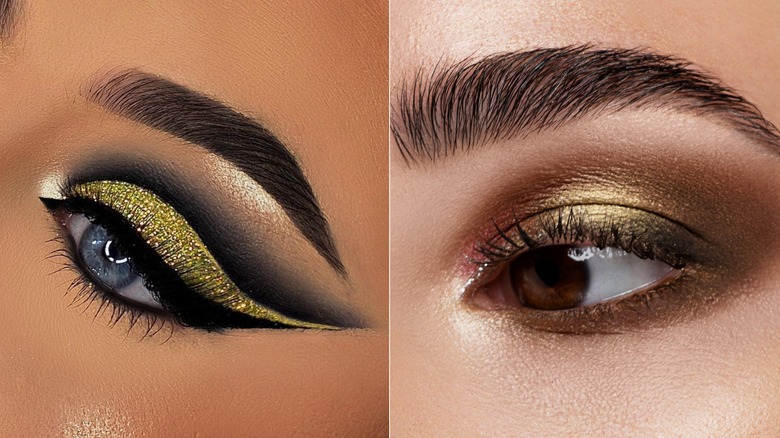 Un lado a lado de un maquillaje de ojos con pliegue cortado con brillantina y un ojo ahumado marrón