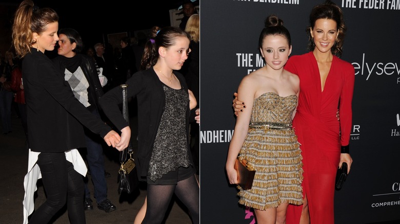 Kate Beckinsale y Lily Mo Sheen con trajes negros a la izquierda y estilos más coloridos a la derecha