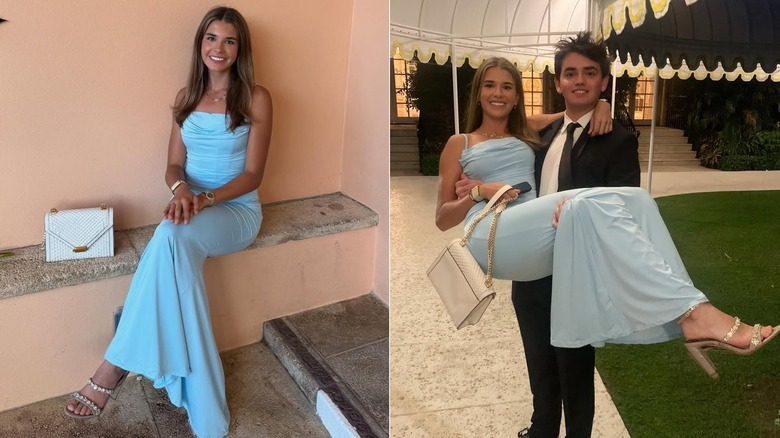 Kai Trump con un vestido azul en una boda