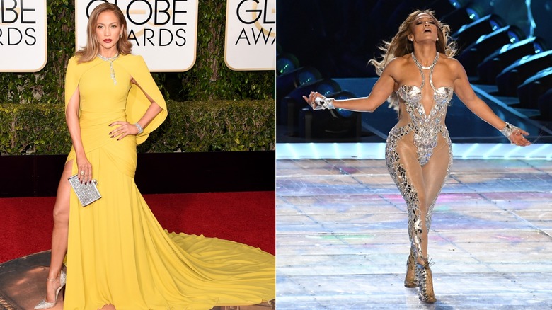 Jennifer López posa con vestido capa amarillo y body metalizado