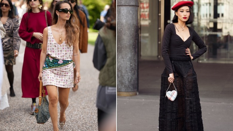 Una mujer con un vestido con estampado de corazones y otra con un bolso en forma de corazón.