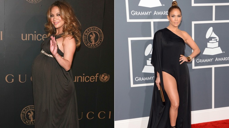 Jennifer López posa con un vestido premamá gris y un atrevido vestido negro de un solo hombro