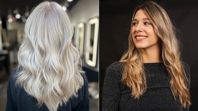 Un lado a lado de un cabello rubio platino y un cabello rubio más natural