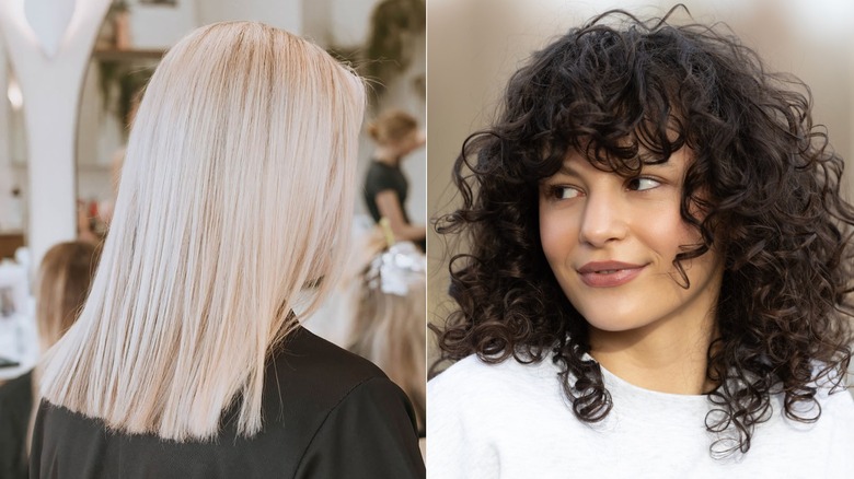 Una al lado de una mujer con cabello liso rubio platino y una mujer con rizos de aspecto natural.