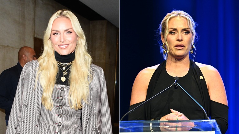 Lindsey Vonn sonríe mientras asiste a un evento y habla por un micrófono mientras da un discurso
