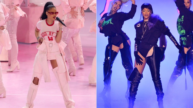 Imagen dividida de Rihanna actuando vestida de rosa y negro en los VMA 2016
