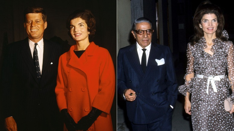 Una imagen dividida de JFK y Jackie Kennedy y Jackie Kennedy con Aristóteles Onassis