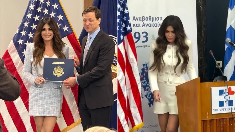 Kimberly Guilfoyle recibe certificado tras finalizar la escuela de embajadores en mayo de 2025 (2025); Kimberly Guilfoyle asiste a una reunión con el Ministerio de Salud griego en noviembre de 2025 (2025)