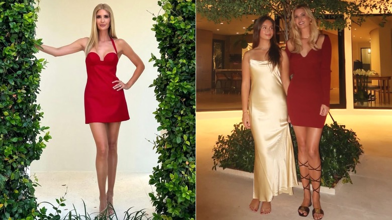 Ivanka Trump posa con un vestido rojo en una fotografía que compartió en Instagram el 6 de mayo de 2024 (2024); Ivanka Trump (R) sonríe mientras posa con su hija Arabella Kushner en una foto que publicó en Instagram el 8 de diciembre de 2025 (2025)