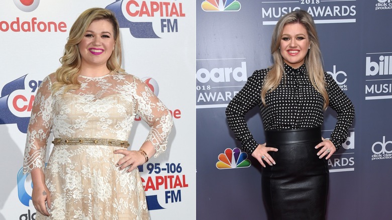 Kelly Clarkson en 2015 con una sonrisa en su rostro (L) versus Kelly Clarkson en 2018 (R)