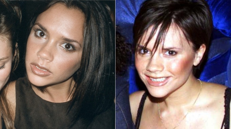 L: La cantante Victoria Beckham (Posh Spice) con la actriz Anna Friel en una fiesta, alrededor de 1995 / R: Victoria Beckham (Posh Spice) posa para una foto grupal con otros miembros de las Spice Girls