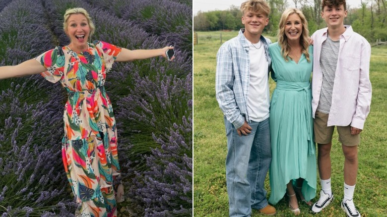 Jenny Marrs en un campo de lavanda y con sus hijos gemelos