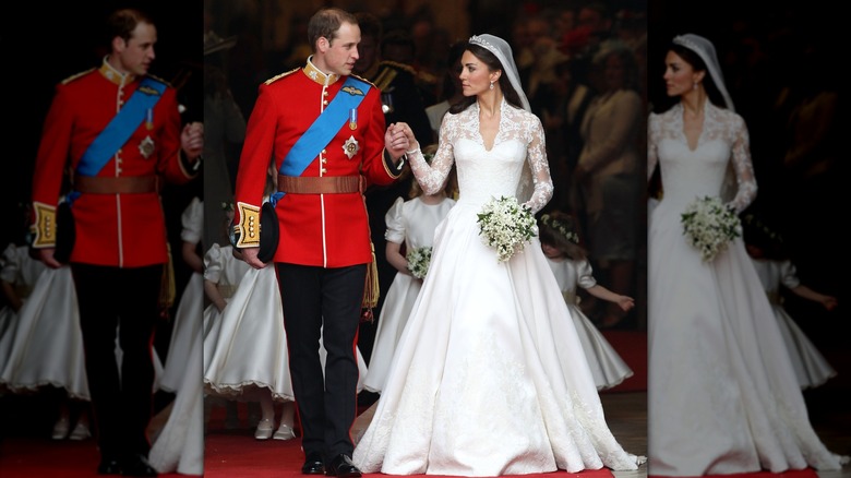 Kate Middleton y el príncipe William el día de su boda frente a la Abadía de Westminster