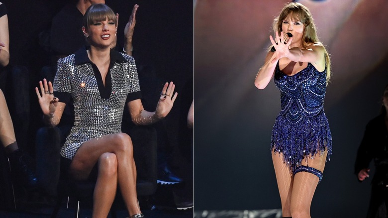 Taylor Swift con un vestido plateado brillante en los EMA y actuando con un body azul en el escenario