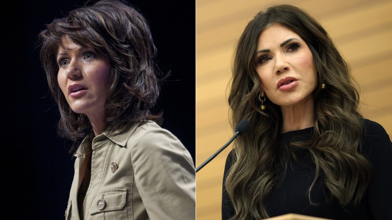 Kristi Noem con un globo en capas y luego con sus extensiones onduladas