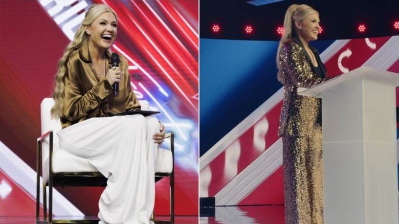 Una foto de lado a lado de Erika Kirk sentada con un top de satén dorado a la izquierda y ella con un traje pantalón de lentejuelas doradas a la derecha.
