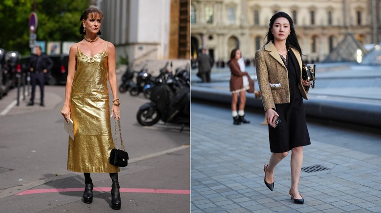 Una mujer con un vestido dorado versus una mujer con una chaqueta dorada y un vestido negro