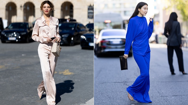Una mujer con un conjunto de rubor neutro versus una mujer con un conjunto de color azul brillante