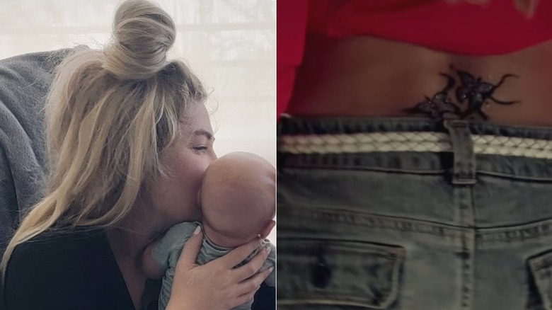 Erika Kirk sostiene a su bebé y le da besos mientras lleva el pelo recogido en un moño desordenado.