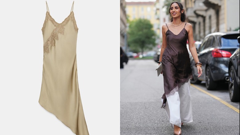 Un vestido asimétrico de satén con adornos de encaje perfecto para la primavera (L) y una mujer que lleva un vestido lencero asimétrico con detalles de encaje sobre pantalones blancos.