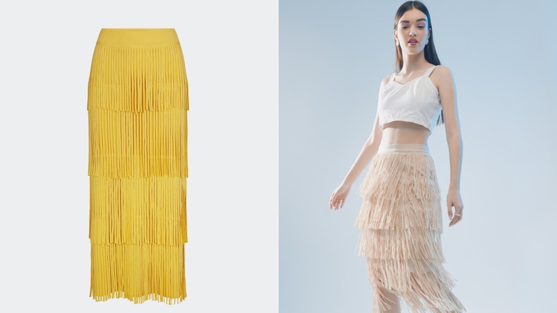 Una falda con flecos perfecta para la primavera de 2026 en color mantequilla (L) y una mujer con una falda con flecos y un crop top