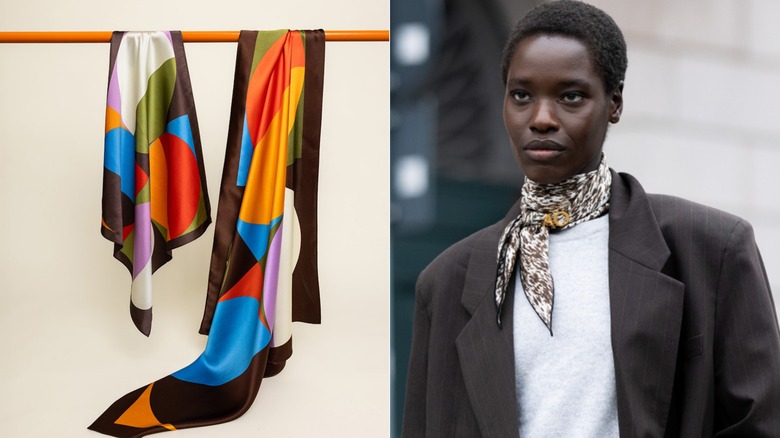 Un pañuelo de seda multicolor versátil y perfecto para la primavera de 2026 (L) y una mujer que lleva un pañuelo de seda alrededor del cuello.