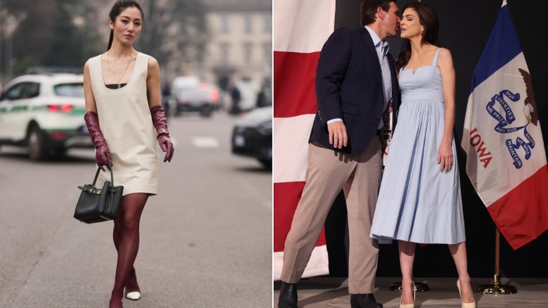 Una invitada a la semana de la moda usa guantes largos de ópera con estilo y Casey DeSantis con un vestido formal sin guantes.