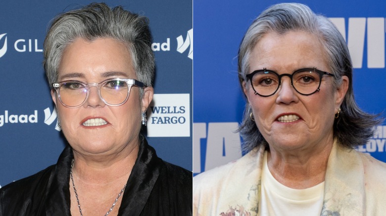 Fotos una al lado de la otra que muestran la pérdida de peso de Rosie O'Donnell alrededor del cuello y la cara
