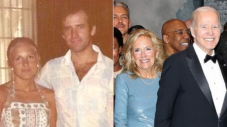 Jill y Joe Biden al principio de su relación y en 2025 en un evento