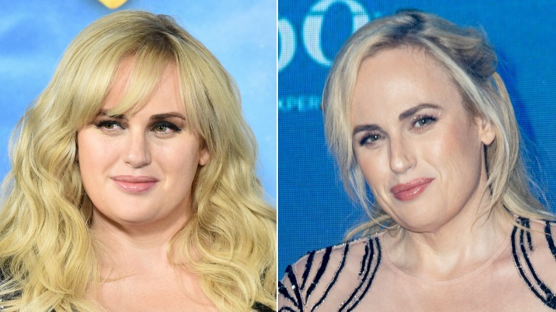 Fotos una al lado de la otra que muestran el rostro de Rebel Wilson antes y después de perder peso