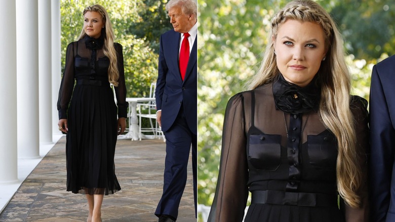 Erika Kirk (izq.), esposa del fallecido activista conservador Charlie Kirk, llega con el presidente estadounidense Donald Trump mientras otorga póstumamente la Medalla Presidencial de la Libertad a Charlie Kirk durante una ceremonia en el jardín de rosas de la Casa Blanca el 14 de octubre de 2025.