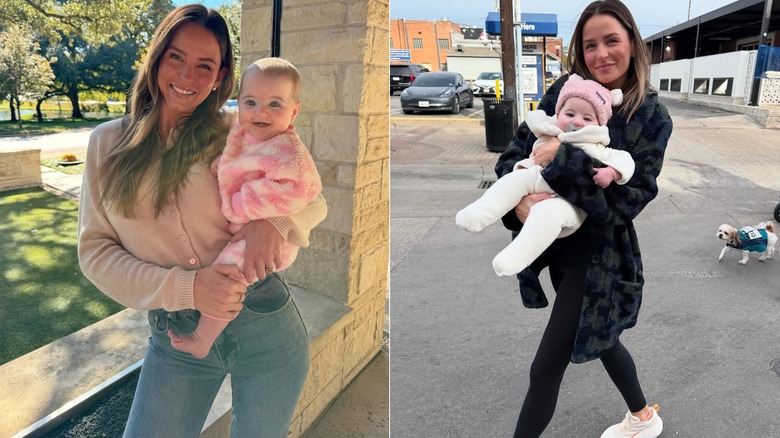 Margo Martin con ropa informal mientras sostiene a un bebé