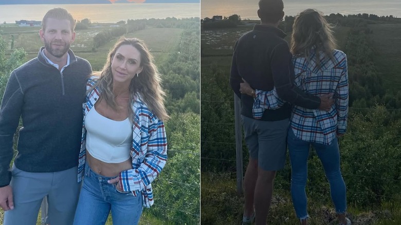 Lara Trump con camisa a cuadros y jeans de lavado claro