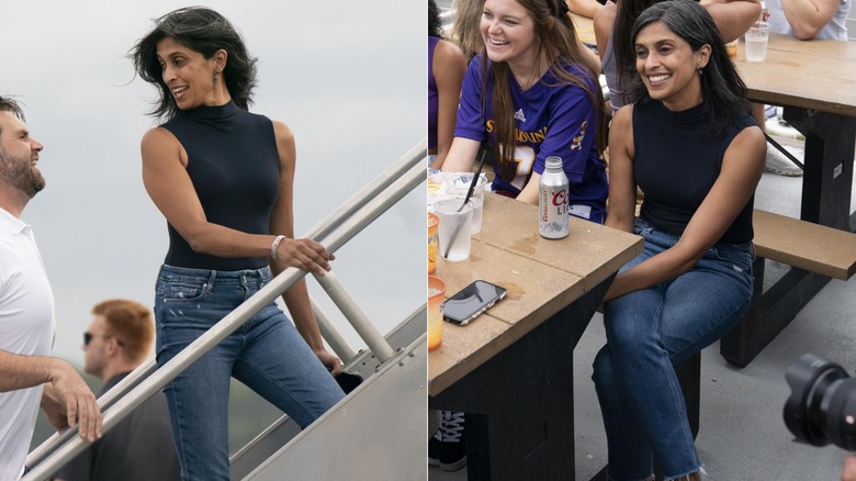 Usha Vance con una camiseta sin mangas negra y jeans ajustados
