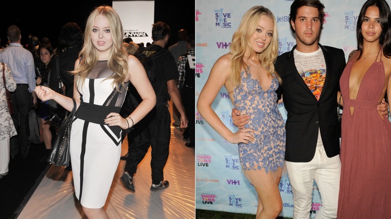 Tiffany Trump posando con un vestido midi blanco y un minivestido azul transparente