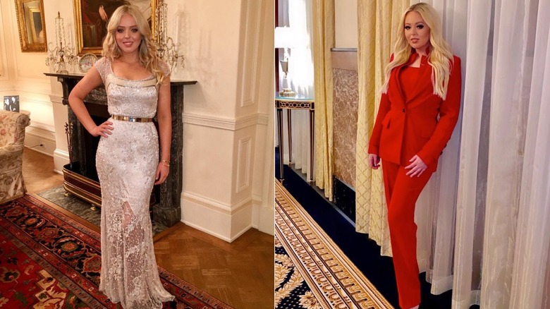 Tiffany Trump luciendo un glamoroso vestido plateado y un traje rojo