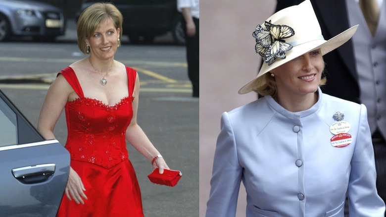Sophie, duquesa de Edimburgo con un vestido rojo y un sombrero con mariposas