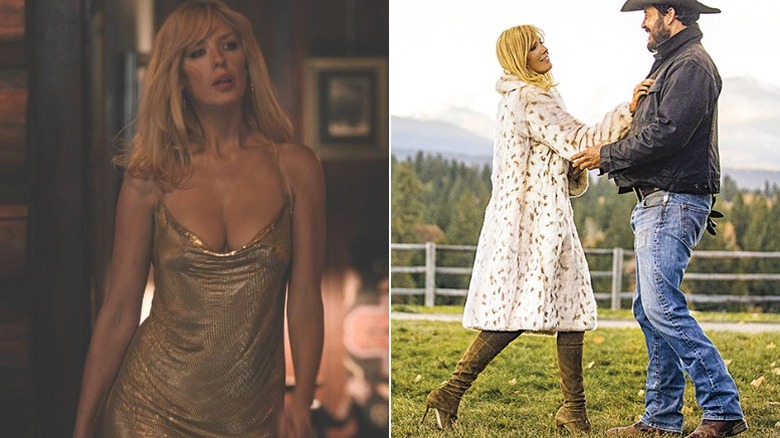 Beth Dutton con vestido dorado y abrigo de piel sintética para casarse con Rip
