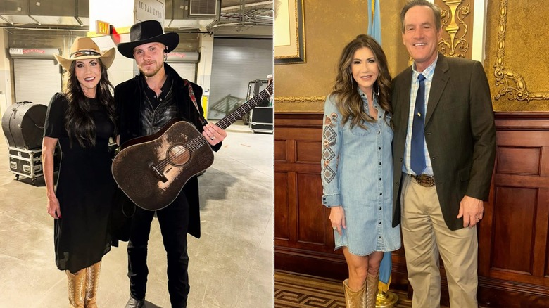 Kristi Noem con vestido negro y sombrero de vaquero en un concierto de Lainey Wilson y botas vaqueras con vestido azul