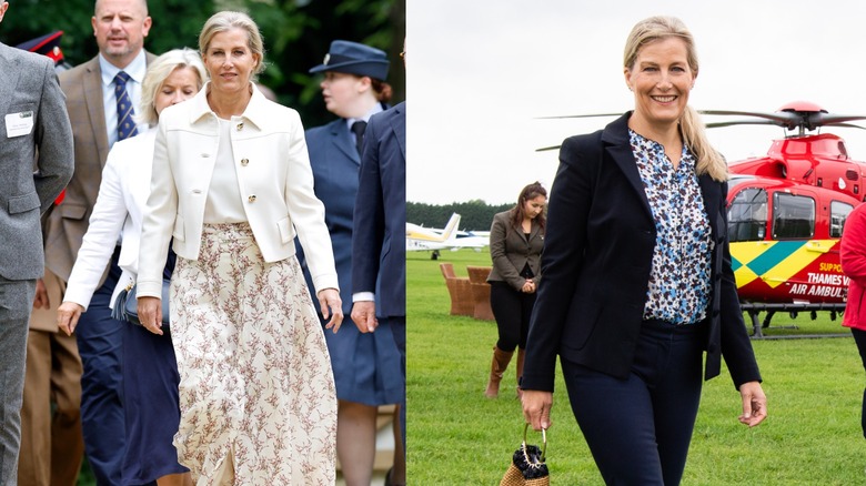 Sophie, duquesa de Edimburgo, camina por la calle con una combinación de chaqueta corta y falda y visita un puerto de helicópteros vestida con una blusa, pantalones y una chaqueta.