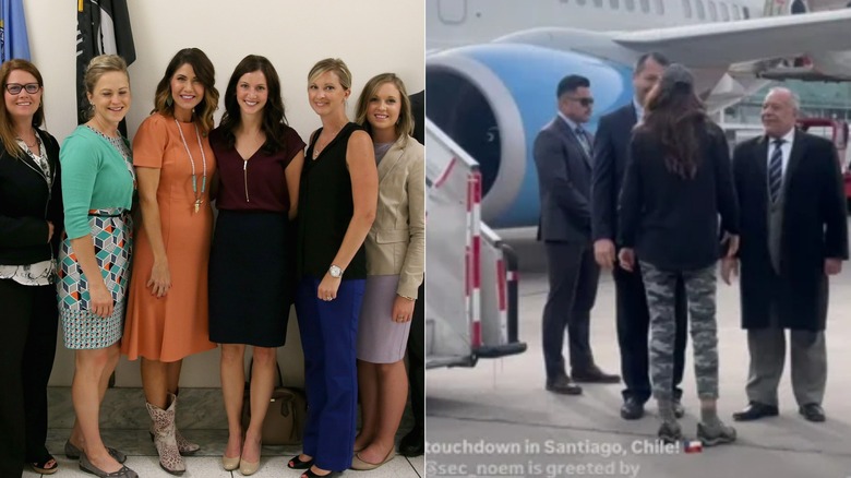 Una foto de Kristi Noem con un vestido naranja y botas de vaquero y otra de ella con leggings de camuflaje.