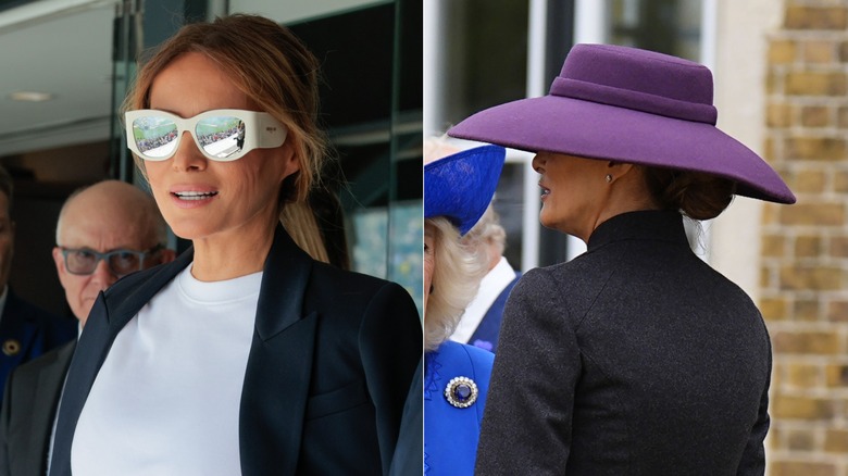 Una mirada de lado a lado de dos Melania Trump de cintura para arriba. Izquierda: Melania luce un par de grandes gafas de sol blancas con lentes espejados, un vestido blanco y una chaqueta negra sobre sus hombros. Derecha: Melania lleva un sombrero morado de ala ancha que se curva hacia abajo y le cubre los ojos. También lleva un vestido gris oscuro de cuello alto.